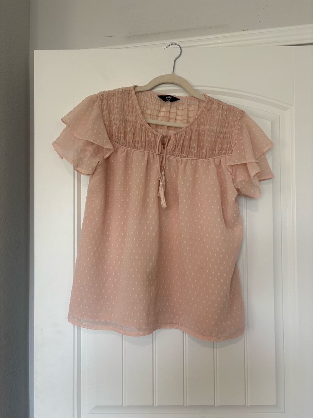 Light Pink Ruffle Sleeve Swiss Dot Blouse - Women